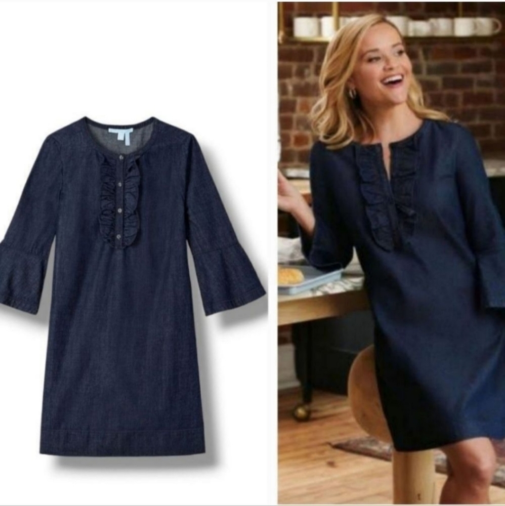 Draper James Dark Wash Chambray Denim Cotton Ruffle Shift Dress - 6 - Picture 2 of 12